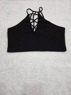Black Strappy Lattice Halter Crop Top by Black